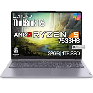 Lenovo ThinkBook 16 G7 Business Laptop, 16” FHD+, AMD Ryzen 5 7533HS, 32GB DDR5, 1TB NVMe, WiFi 6 + BT, RJ-45, HDMI, Fingerprint Reader, HD Webcam, Win 11 Pro
