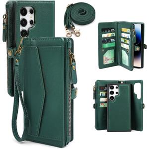 for Samsung Galaxy S24 Ultra Wallet Case for Women, [Wireless Charging] [RFID Blocking] [12 Card Holder], Leather Detachable Magnetic Strap Phone Case for Galaxy S24 Ultra 6.8", Blackish Green