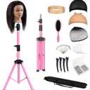 Reinforced Wig Stand Tripod 59" Heavy Duty Adjustable Mannequin Head Stand Tripod for Styling Cosmetology Hairdressing Training, Pink Wig Head Stand Sets with Wig Caps,Comb,Hair Clips, T-Pins, Headband