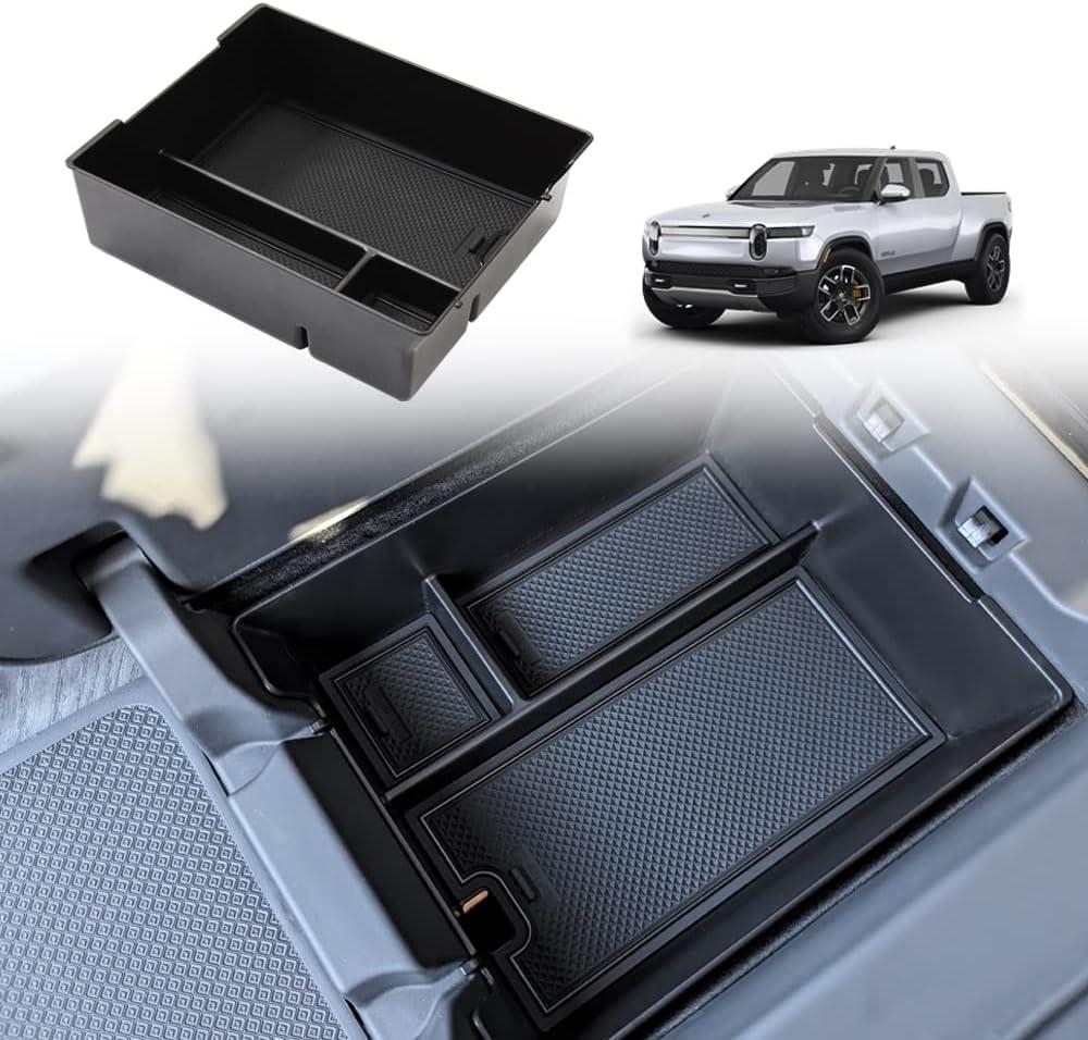 BestEvMod for Rivian R1T & R1S Accessories Center Console Organizer Tray Armrest Storage Box ABS Material with PVC Trim Compatible with Rivian R1T/R1S 2022-2025 2026 Accessories(W/O Coin Black)