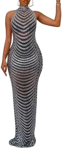 Nagfar Women Rhinestone Birthday Party Sleeveless Dresses Sexy Club Night Out Maxi Dress Clubwear(S5259,Black,3XL)