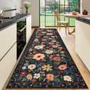 DUKINO Runner Rug, 2x10 Kitchen Runner Rug for Hallway with Non Slip Backing, Washable Low Pile Soft Boho Floral Carpet for Kitchen, Entryway, Hallway, Laundry, Bedroom, Black