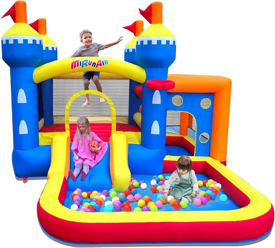 Inflatable Bounce House, Bouncy House for Kids 3-10 Ages, Jumping Castle with Air Blower, Carry Bag, Ball Pit, Basketball Hoop, Slide