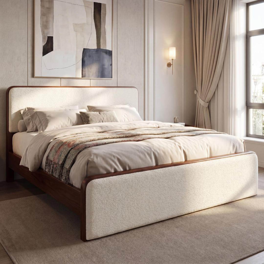 Merax King Size Bed Frame with Upholstered Headboard & Footboard, Mid-Century Modern Wood Platform Bed for Bedroom, No Box Spring Needed, Easy Assembly, Bear 600lbs, Walnut + White