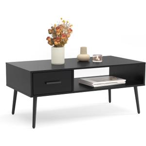 HAIOOU Coffee Table, Mid Century Modern Style Cocktail Table TV Stand with Drawer, Open Storage Shelf, Stable Floor-Anti-Scratching Pine Leg for Home, Office, Living Room - Black