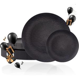 WONDERFUL 32pcs Black Plates Black Plastic Plates Unbreakable and Reusable Plastic Plate Dishwasher safe Dishes Set Includes:16 Dinner 10" & 16 Dessert Plate 7.3" Suitable for Camping Outdoor Party
