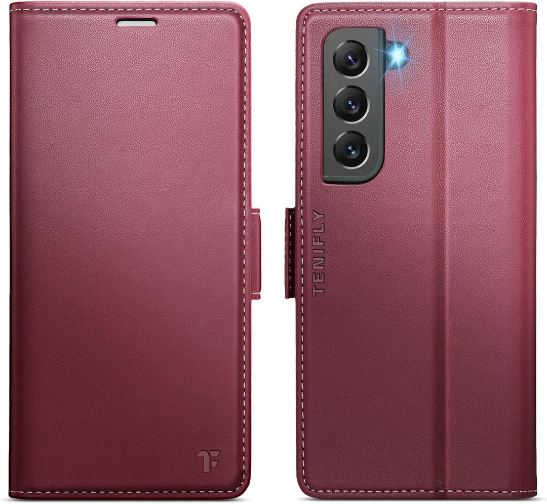 for Samsung Galaxy S22 Case Wallet with RFID Blocking Card Holder, PU Leather Kickstand Protective Flip Phone Cover Fit for Galaxy S22 6.1", Wine Red