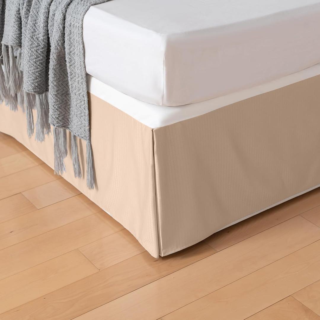 Pleated Bed Skirt Queen Size, Tailored Dust Ruffle 18 Inch Drop Easy Fit, Pleated Grid Plaid Bedskirts, Machine Washable, Anti-Slip, Microfiber, No Split Corners-Beige