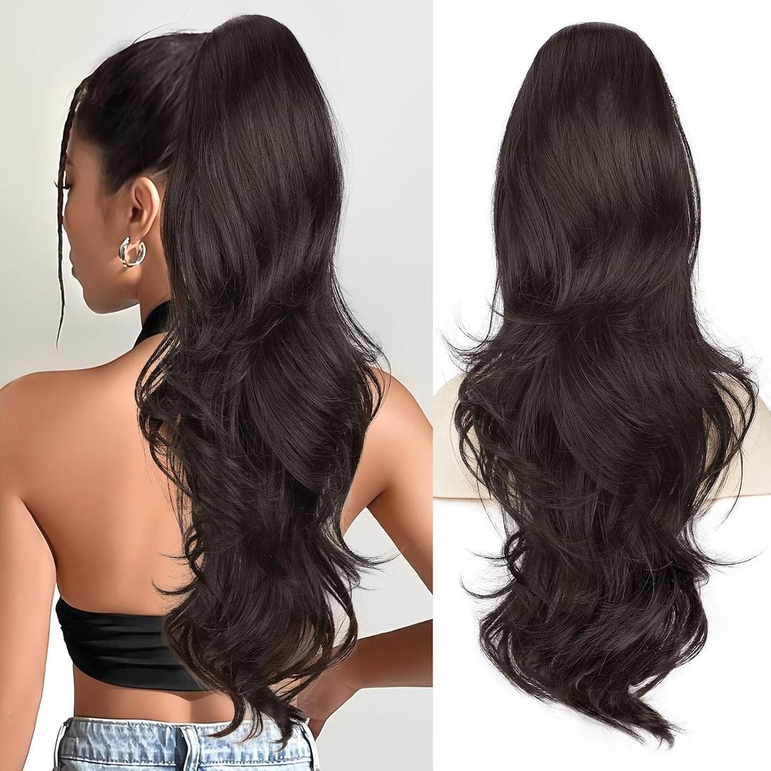 BOGSEA Ponytail Extension 26 Inch Drawstring Ponytail Extension for Women Long Wavy Hair Extensions for Daily Use(Dark Brown)