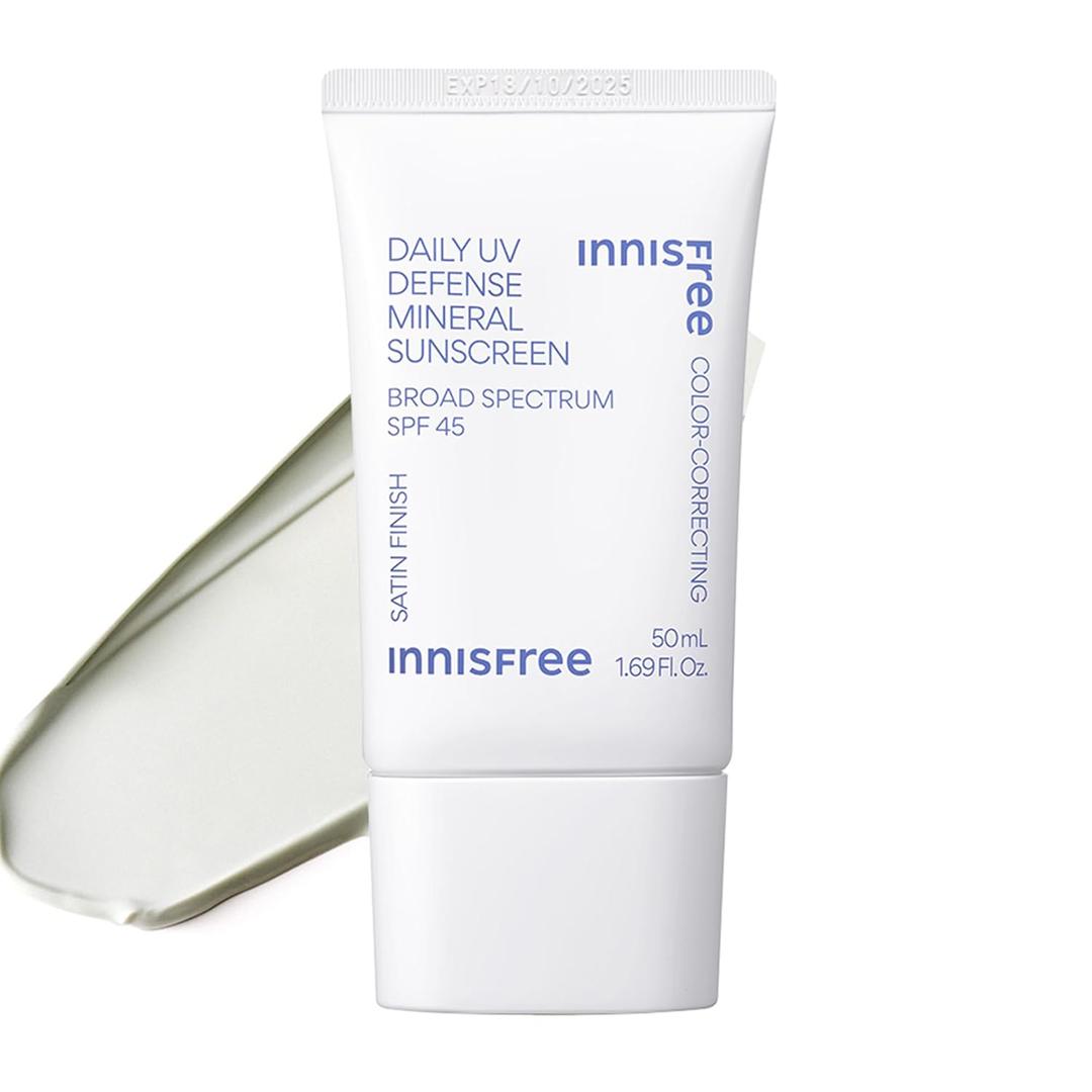 innisfree Daily Mineral UV Defense SPF 45 Face Sunscreen with Green Tint, Hyaluronic Acid, Korean Skincare, Color Correcting Formula