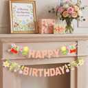 2 x 2-Pack Happy Birthday Flower Felt Garland, 8ft Pre-Strung Floral Birthday Banner with Cherries & Blossoms, Reusable Pink Bunting for Garden Party, Nursery, Cottagecore Girls Birthday Decor