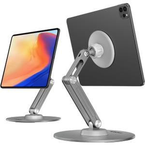 XAOSUN Tablet Stand Magnetic for iPad Stand Desk Multi-Angle, Adjustable Foldable Tablet Holder, Metal 360Rotation, Home Office Accessories (Grey)