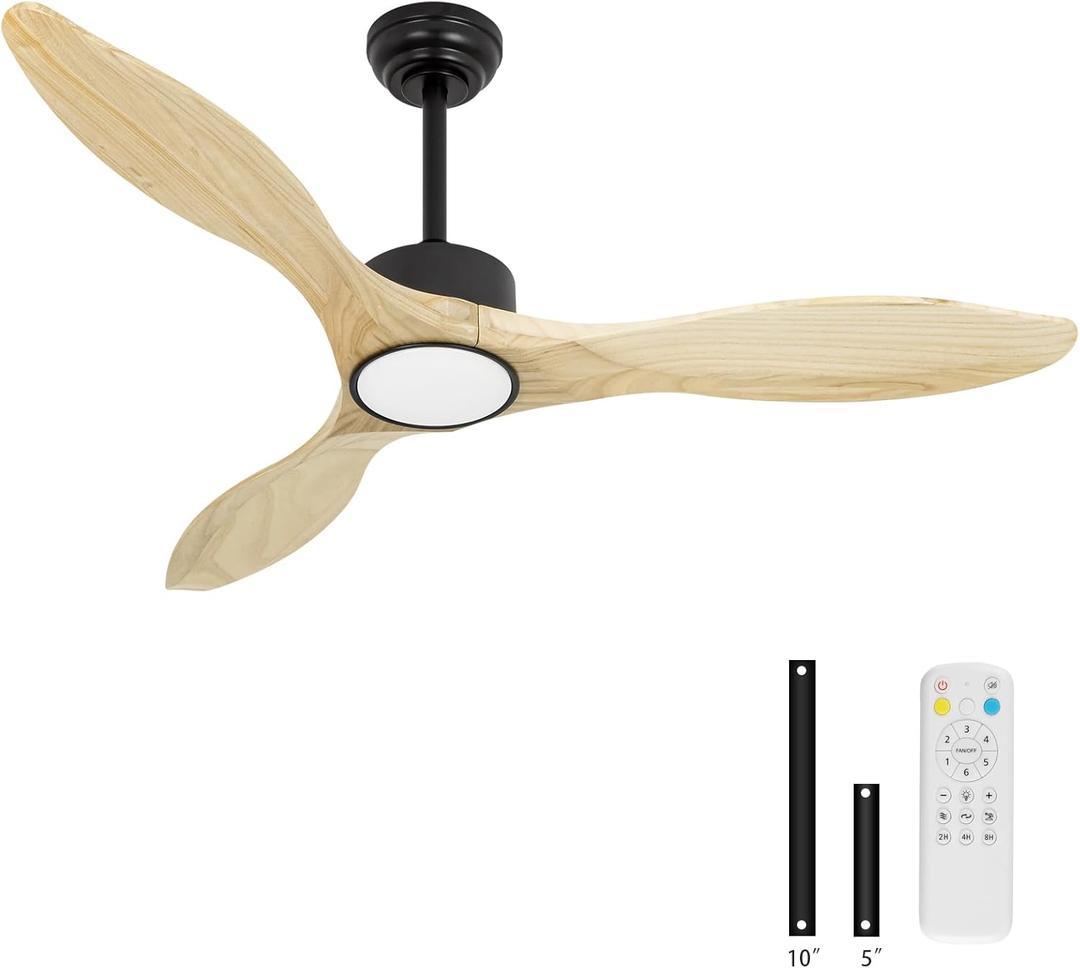 52 inch Ceiling Fans with Lights and Remote, 3 Natural Wood Blades, Modern Indoor/Outdoor Ceiling Fan for Living Room Bedroom Farmhouse Patio, 6 Speeds, Dimmable, Noiseless Reversible DC Motor