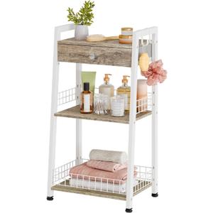 3-Tier Ladder Shelf with Drawer, Bathroom Table Stand for Small Space, Standing Bathroom Shelves with Storage for Living Room Kitchen Bedroom, Organizer Shelf, White
