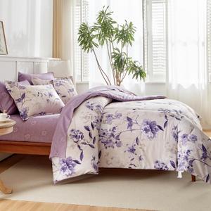 AIKASY 7-Piece Queen Size Bed in a Bag Comforter Set - Lilac Purple Floral Ensemble with Reversible Botanical Flowers Comforter, Sheets, Pillowcases & Shams
