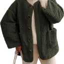 Kissonic Womens Fuzzy Sherpa Fleece Jackets Button Down Long Sleeve Corduroy Patchwork Outwear with Pockets (Large, Armygreen)