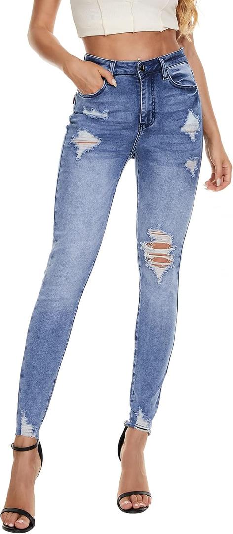 VIPONES Women Classic High Waisted Skinny Jeans for Women Stretch Distressed Butt Lifting Jeans Slim Fit Denim Pants (Size 14, Blue)