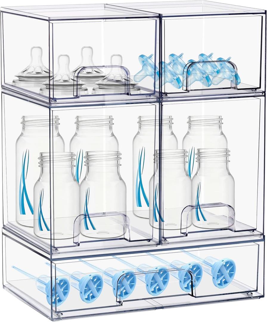Baby Bottle Organizer, 5 Pack Stackable Storage Dust-proof Drawers, Clear Plastic Bottle Station Organizer for Countertop & Cabinet, Pacifier and Diaper Container for Nursery