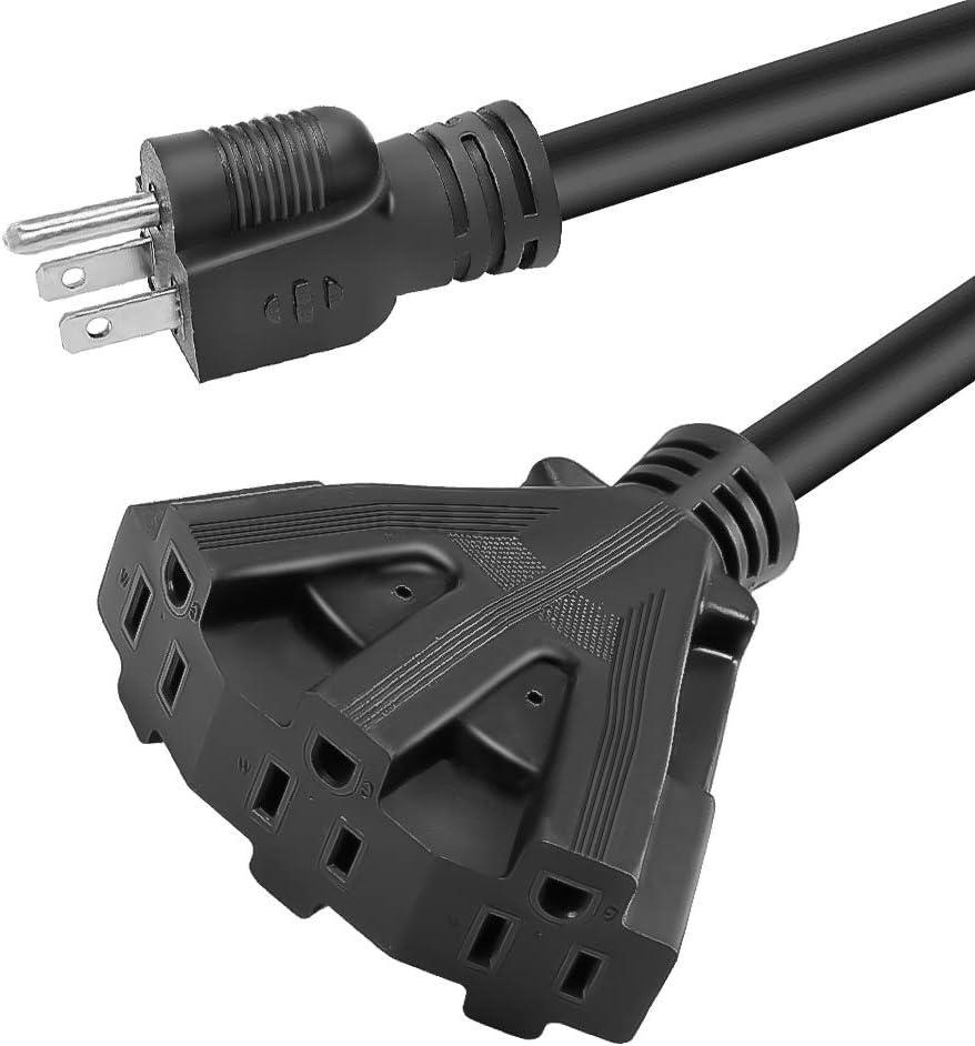 6FT 12/3 Outdoor Extension Cord, Heavy Duty 3-Outlet SJTW Indoor/Outdoor Three-Prong Power-Cord 12-Gauge Grounded 15-Amp 1875 Watts