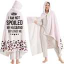 Spoiled Wife Wearable Blanket Hoodie, Valentines Day Gifts for Her Wife Women from Husband, Mothers Day Birthday Ideas, Throw Blanket for Women Shawl Wraps Poncho Robe, Pinkish White