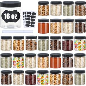 Plastic Jars with Lids,Airtight Container Ideal For Dry Food, Honey Jam, Peanut Butter,Cosmetics, Cream, Bathroom and Storage Included Extra Label and A Pen (30 PCS Black Lids)
