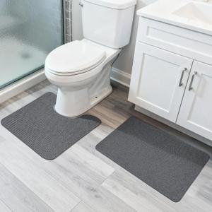 Bathroom Rugs Set 2 Pieces,Thin Bathroom Mats,Toilet Rugs,Quick Dry,Non-Slip,Machine Washable,Low Pile,Absorbent Bath Mats,Shower,Sink,Home Decor Accessories.Dark Grey,1'5"x2'3"+1'8"x2" U Shape