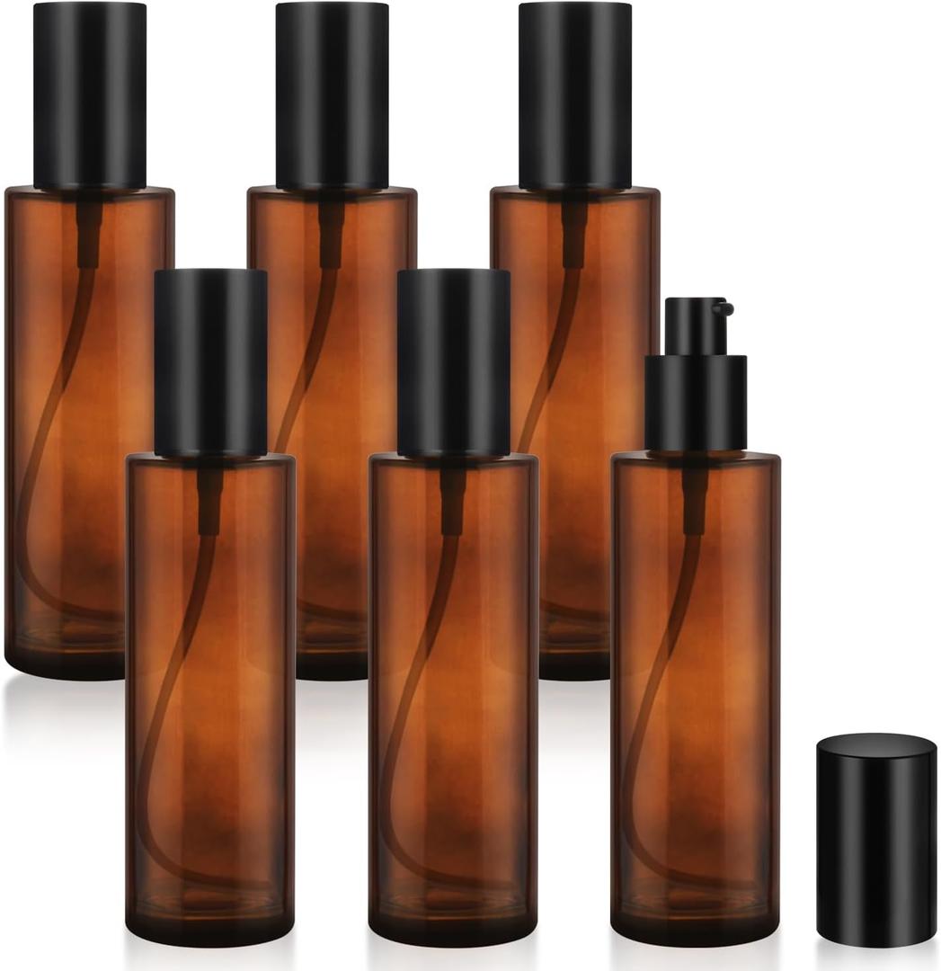 6 Pcs 100ml/3.4oz Amber Glass Pump Bottles Refillable Lotion Dispenser Cosmetic Sample Storage Container Vial with Black Pump Head for Liquid Foundation Soap Shower Gel Shampoo Toiletries
