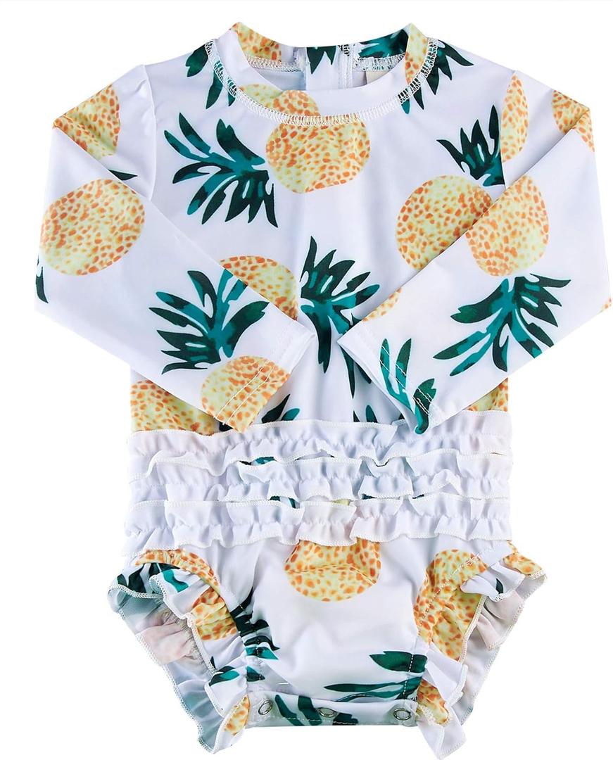 uideazone Baby Girls Rash Guard Swimsuit Long Sleeve One Piece Swimwear UPF 50+ Sun Protection for Toddler 0-24 Months (3-6 Months, Orange Pineapple)