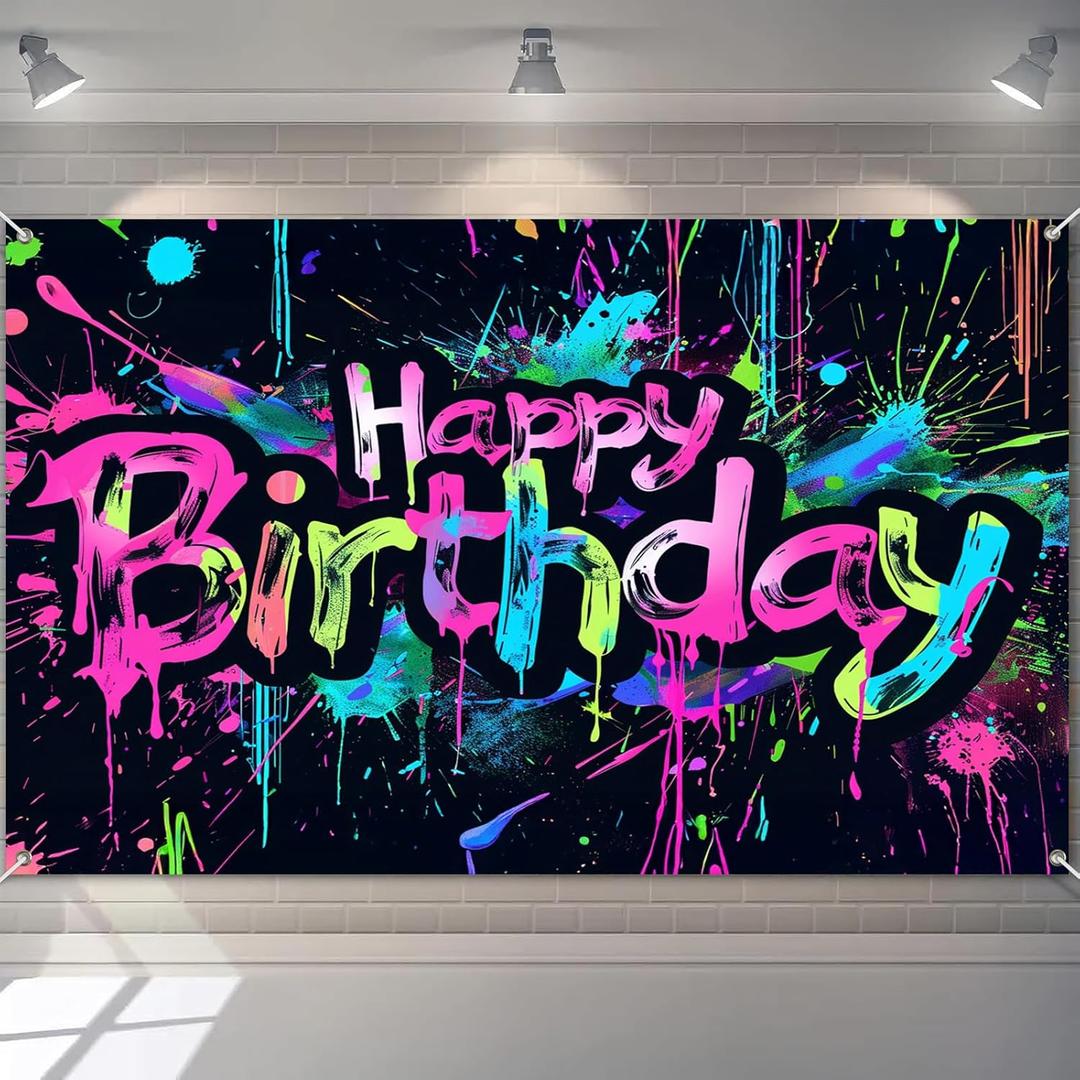 Neon Happy Birthday Banner 96x72 Inch Photography Backdrops Party Background Decorations Colorful Graffiti Splash Paint Kids Birthday Supplies Glow in The Dark