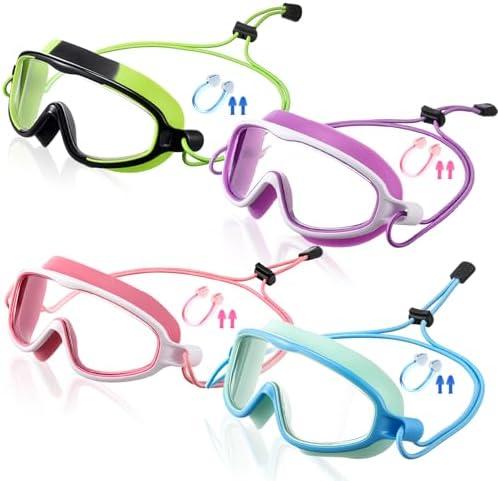 Hollowfly 4 Pcs Kids Swim Anti Fog Goggles Quick Adjust No Leaking Waterproof Wide Vision Glasses with Nose Clips Ear Plugs