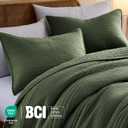 palassio Striped Olive Green 100% Cotton Quilt King Size Bedding Sets, Lightweight Crinkly Channel Pick Stitch Textured Bedspread Soft Shabby Chic Farmhouse Country Coverlet for All Season, 2 Shams