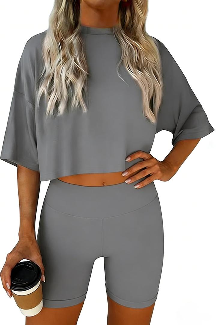 Jenisso Women 2 Piece Lounge Set 2026 Summer Short Sleeve Crop Tops Shirts Matching Shorts Travel Outfit Clothes (Gray, XL)