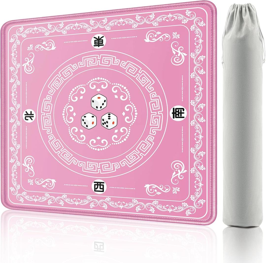 Mahjong Mat - Elegant Pink with Lace Trim | Non-Slip Rubber Gaming Mat & Noise Reducer | for Mahjong Tiles, Poker, Cards, Dominoes, Board Games | 32.4x32.4 Inch (Pink-blue and White Porcelain)