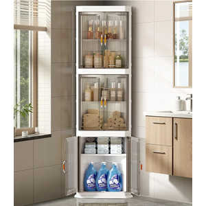 BUMODEL Farmhouse Tall Storage Cabinet Organizer Plastic Bathroom Corner Shelf with 3 Doors and Adjustable Shelves Home Space Saver for Kitchen,Living Room,Laundry Room，Dining Room,Quick Assembly