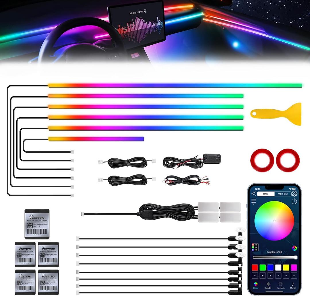 Dreamcolor Acrylic Interior Car LED Strip Light with Wireless APP, Dual Zone RGB 18 in 1 with 175 inches 593 LEDs Fiber Optic Neon Strip Lights for Car, Music Sync Neon Car Ambient Lighting Kits
