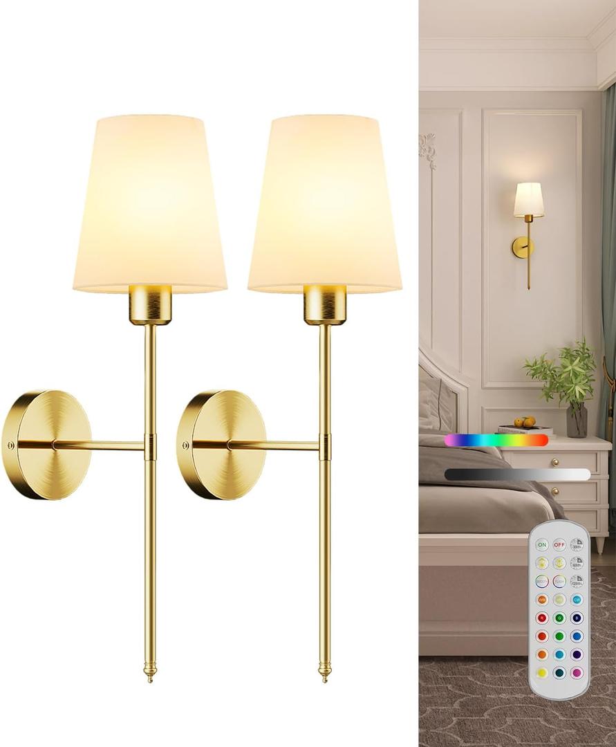 Battery Operated Wall Sconce Set of 2,Rechargeable Wall Lights with Dimmable Detachable Bulbs and Remote,15 Colors Wireless Wall Lamps for Bedroom Living Room Hallway,Gold(2 Pack)