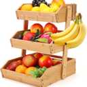 yeatruojeet Bamboo Fruit Basket 3 Tier Fruit Bowl For Kitchen Counter, Large Capacity Fruit Holder With 2 Banana Hangers, Countertop Vegetables Fruit Bowl, Idea For Fruit and Vegetable Storage