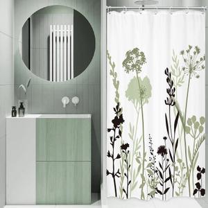 Omifly Small Stall Sage Green Floral Shower Curtain 36Wx72H Inch Black Silhouette Wildflower Rustic Boho Plant Vintage Botanical Leaves with 7 Plastic Hooks Fabric Waterproof Toilet Accessories Decor