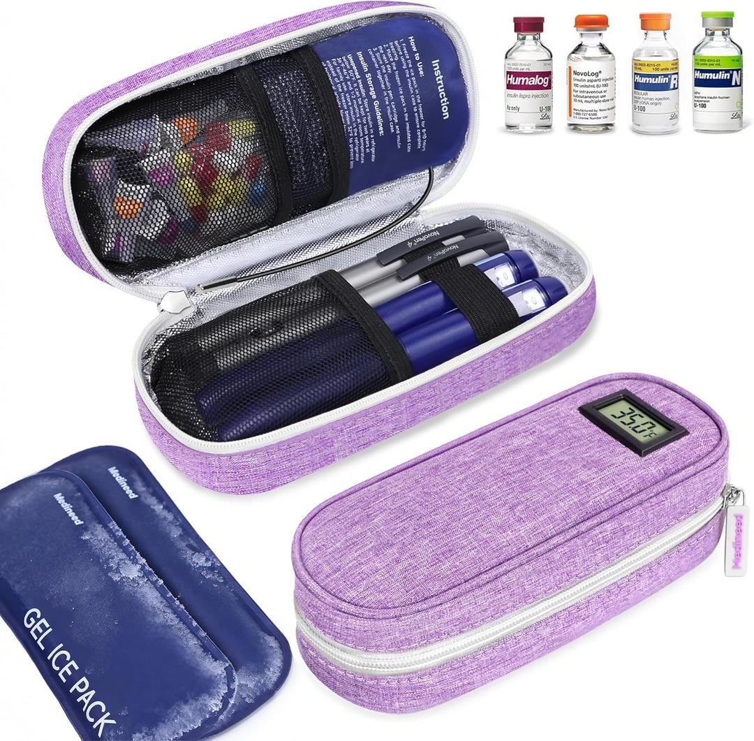 Insulin Cooler Travel Case TSA Approved with Temperature Display  Diabetic Medication Travel Case with 2  90g Ice Packs, Portable Medicine Organizer for 34 Insulin Pens and Diabetic Supplie(Purple)