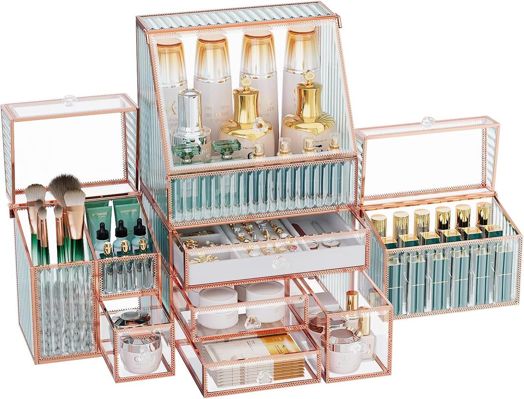 Youdepot Large Makeup Organizer, Glass Cosmetic Storage with Drawers, Stackable Makeup and Jewelry Organizer for Vanity Table, Bathroom Countertop, Skincare, Lipsticks, Perfume, Brushes