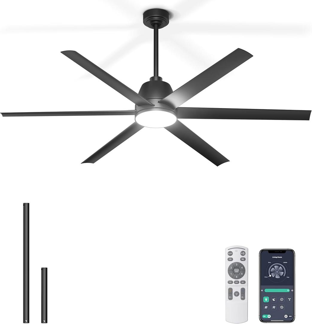 65 Inch Ceiling Fan with Lights - Black Ceiling Fan with Remote & APP Control, 3CCT, Dimmable, Quiet Reversible DC Motor, Indoor Outdoor Ceiling Fans for Patio Living Room Garage Shop