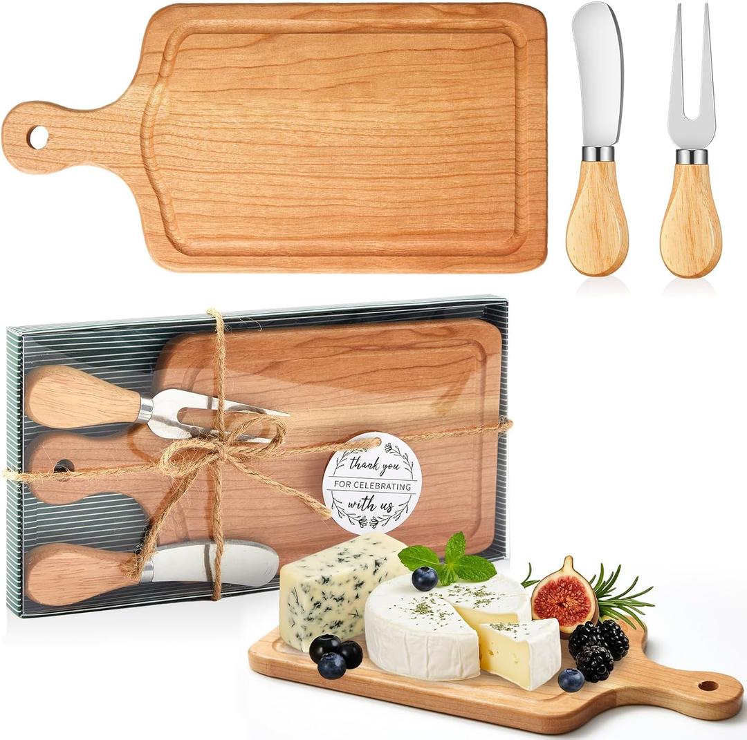 1 Set Bridal Baby Shower Cheese Prizes Wooden Square Board Gift Set Knives Forks Thank You Tags with Box for Guests for Valentines Bridal Baby Shower Housewarming (Cherry Wood)