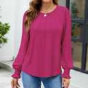 Funlingo Womens Long Sleeve Tops Fashion Fall Shirts Scoop Neck Pleated Ruffle Loose Tunic Tops Business Work Blouse (Pink, XS)