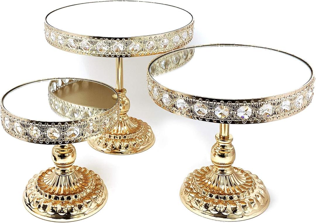allgala Wedding Cake Stands 3-Piece Set Crystal Gold Plated Cheese Dessert Cupcake Cake Stand with Mirror Plate-Gold Round with Bases-HD89201