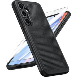 FNTCASE for Samsung Galaxy S24-FE Case: Dual Layer Protective Heavy Duty Cell Phone Cover | Shockproof Rugged with Non-Slip Textured | Military Grade Drop Protection Bumper Tough (Black)