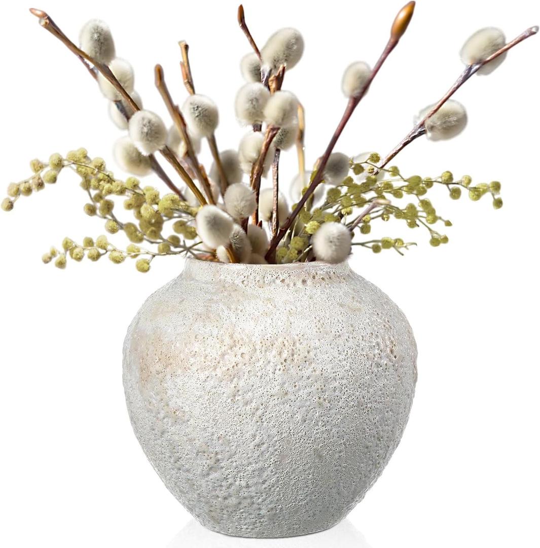 Mimorou White Ceramic Decorative Flower Vase 8.27" x 8.66" Textured Round Rustic Pottery Vintage Large Vase for Home Decor Centerpieces Living Room Christmas Decoration