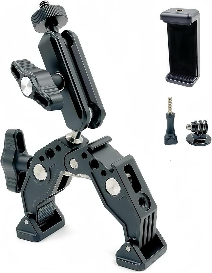 Super Clamp with 3 360 Dual Ballhead Magic Arm, Cold Shoe 1/4 Threads Mount Adapter for Phone Action Camera Desk Tripod, Tube, Gimbal, Crossbar, Compatible with SmallRig, GoPro, DJI ST83, 13-65MM