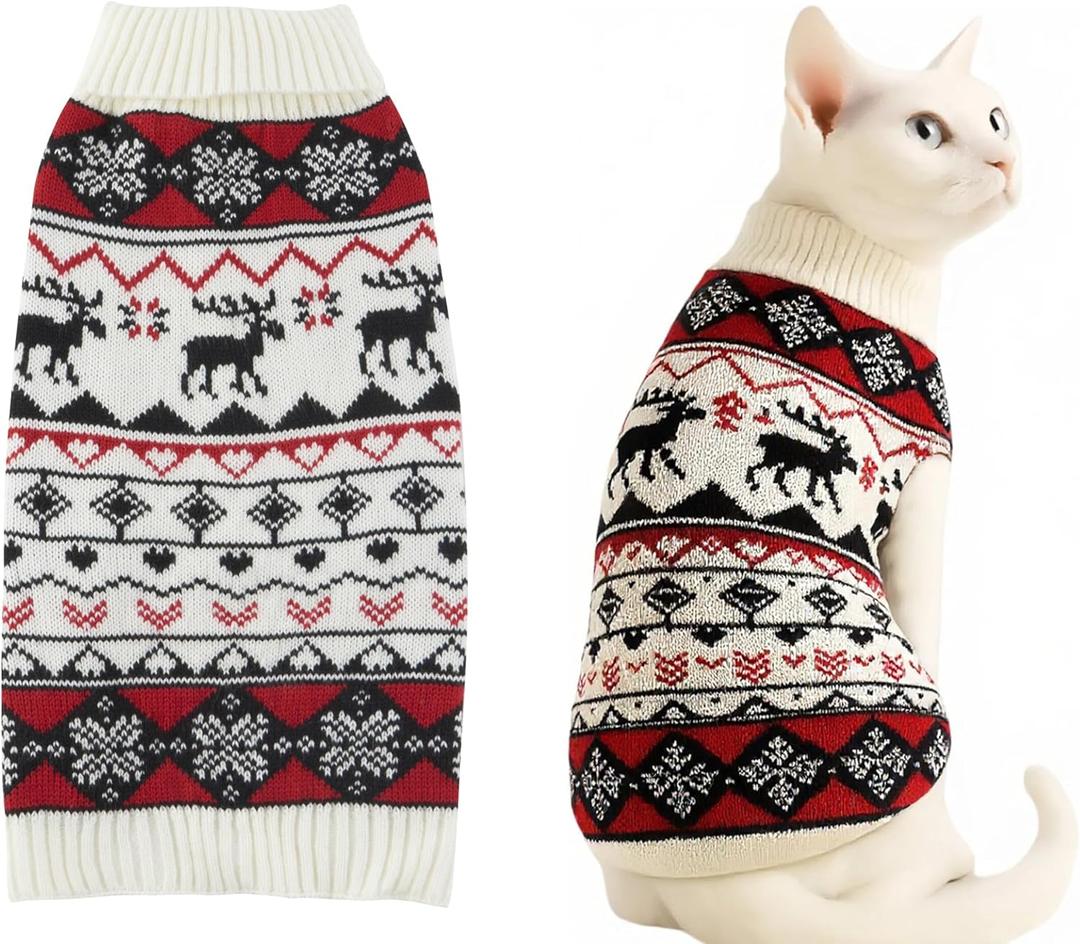 Lanyarco White Red Christmas Cat Sweater, Ugly Vintage Reindeer Pet Chihuahua Christmas Sweater, Holiday Festive Clothes for Cat Puppy, X-Small (XS) Size Back 9"