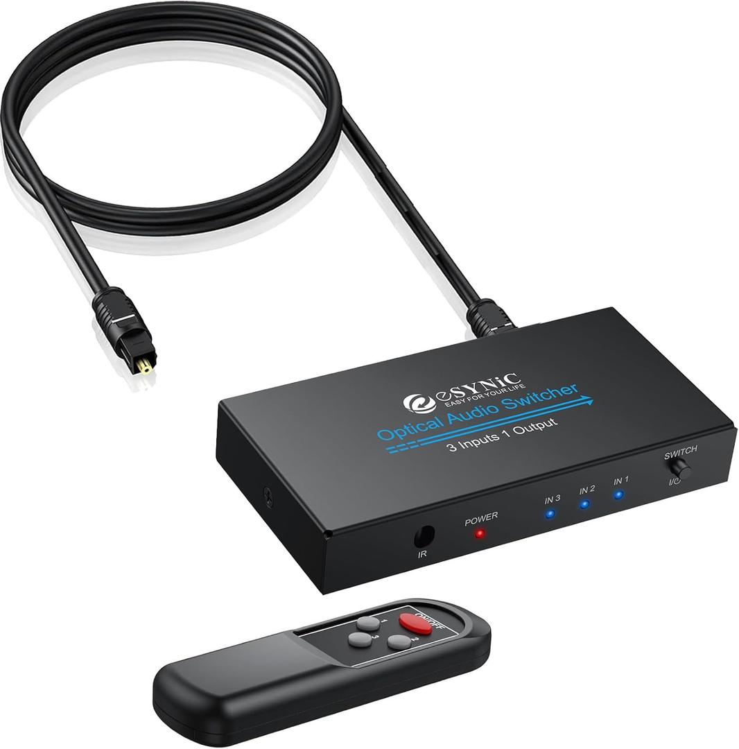eSynic Portable Digital Optical Audio Switcher 3 In1 Out SPDIF Switcher Aluminum Alloy TOSLINK Audio Switch with 3.28ft Optical Cable Support IR Remote Control from PS4 Blue-Ray DVD HDTV to Soundbar