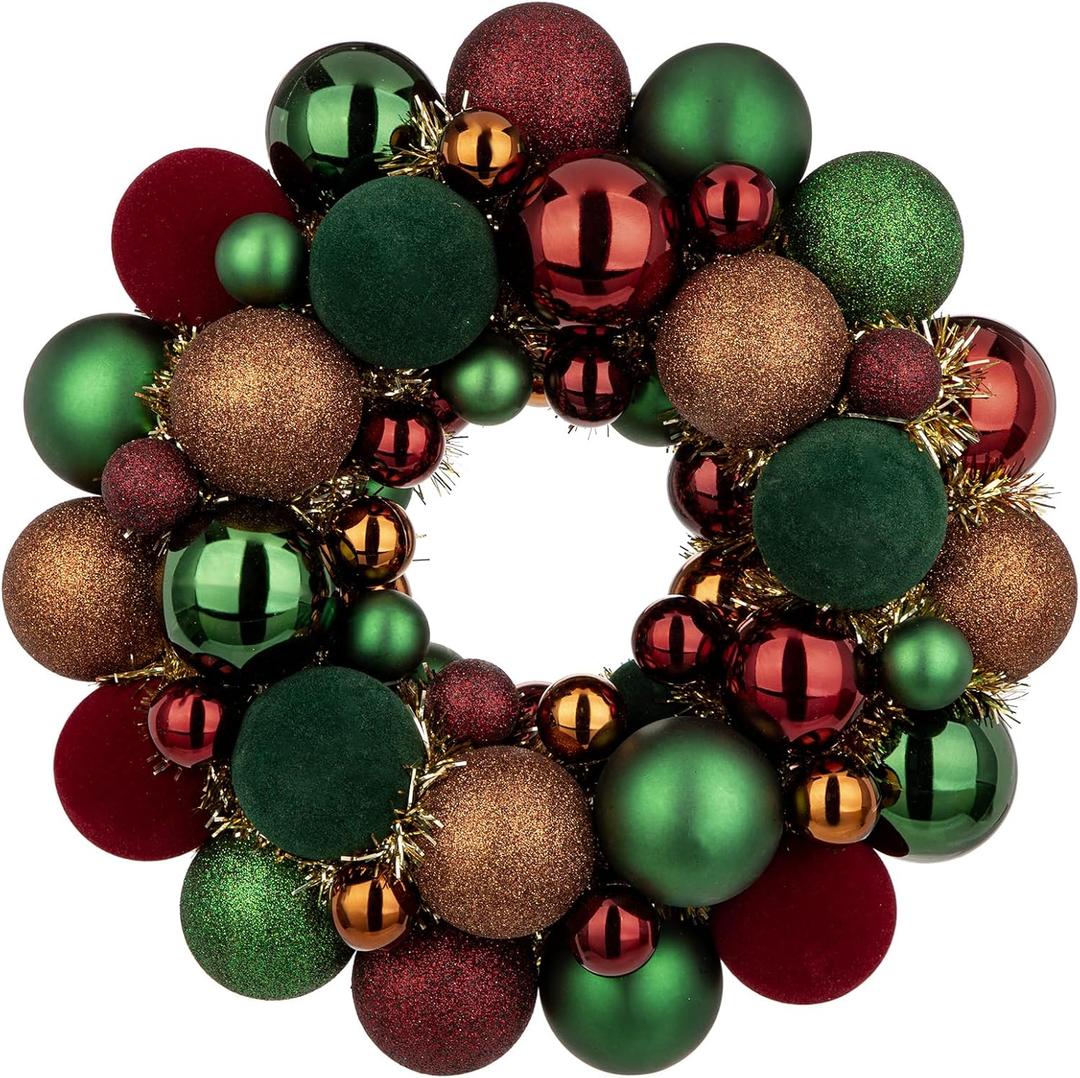 Christmas Velvet Ball Wreath 13" Xmas Wreaths Ornaments Glitter Thicken Shatterproof Garland Decoration for Door Wall Mantel Holiday Party Decor Burgundy & Dark Green & Bronze